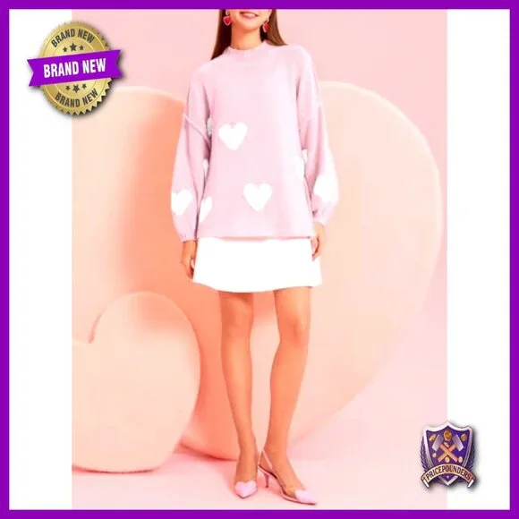 Oversized Heart Sweater Chunky Knit Mock Neck Long Sleeve Tunic Y2K - Picture 6 of 7